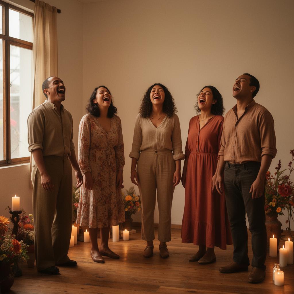 Grupo de pie cantando, vocalizando con alegría