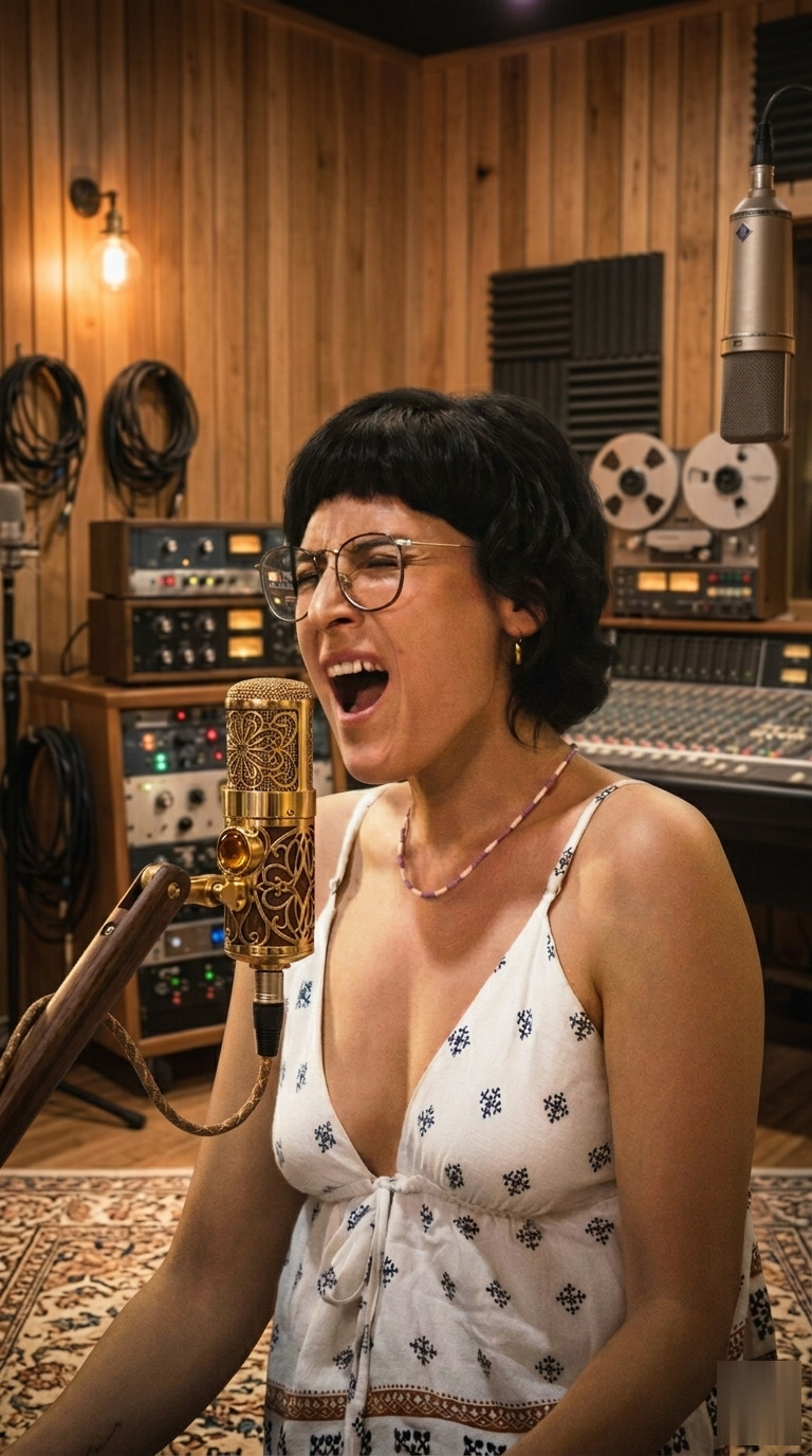 Mariana Loló cantando en estudio, retrato cálido